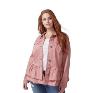 Lane Bryant Pink Ruffled Jean Denim Jacket Size 18 Feminine Cottage Romantic